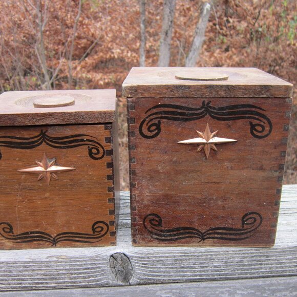 Vintage Wood Kitchen Canisters MCM Hand Carved Hardwood Japan CI Star Nesting - Picture 2 of 13